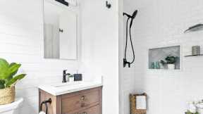 SMALL MASTER BATHROOM REMODEL | Hidden Wall Storage, White Master Bathroom Ideas, Shower Tile Wall!