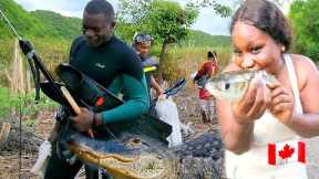 great day out #hunting Bushman style in🐊 water catch clean roasted unopened 🔥 with subscribers🇨🇦