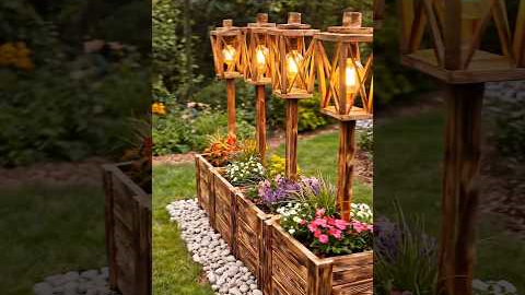 Rustic Wooden Lantern Garden Bed | Cozy Backyard Lighting Idea ✨🌿🪵#gardenlighting #backyarddesign