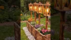 Rustic Wooden Lantern Garden Bed | Cozy Backyard Lighting Idea ✨🌿🪵#gardenlighting #backyarddesign